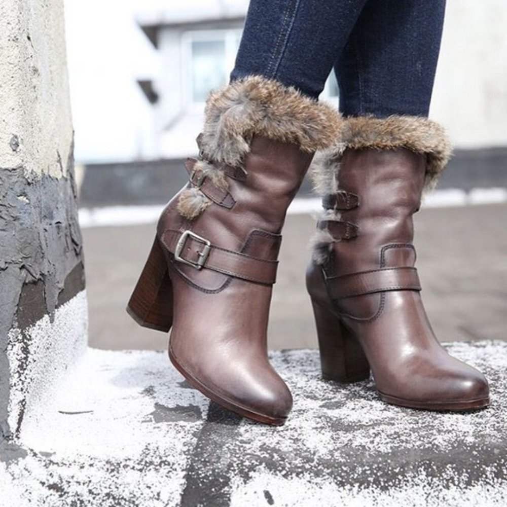 $575 RARE Frye Penny Lux Rabbit Fur-Lined Brown Leather Buckle Heeled Ankle Boot